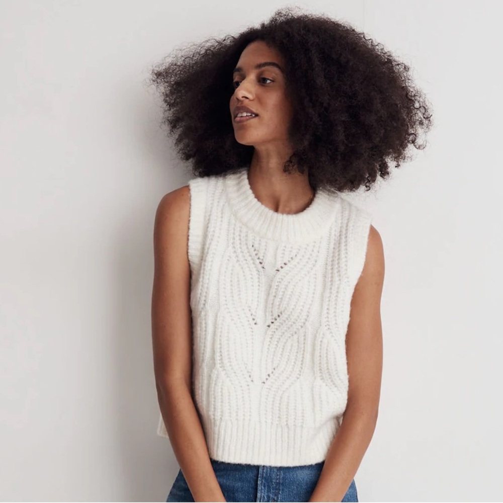 Madewell White Cable Knit Sweatervest